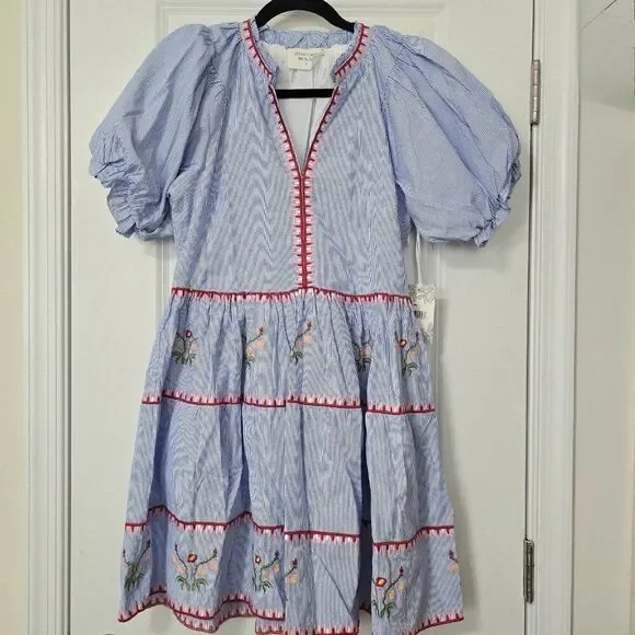 NWT Hyacinth House - S - Blue Pinstripe Embroidered V-Neck Lillian Mini Dress - Picture 6 of 8
